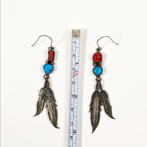 🔴 Navajo Carnelian and Turquoise Feather Earrings - Picture 4 of 7